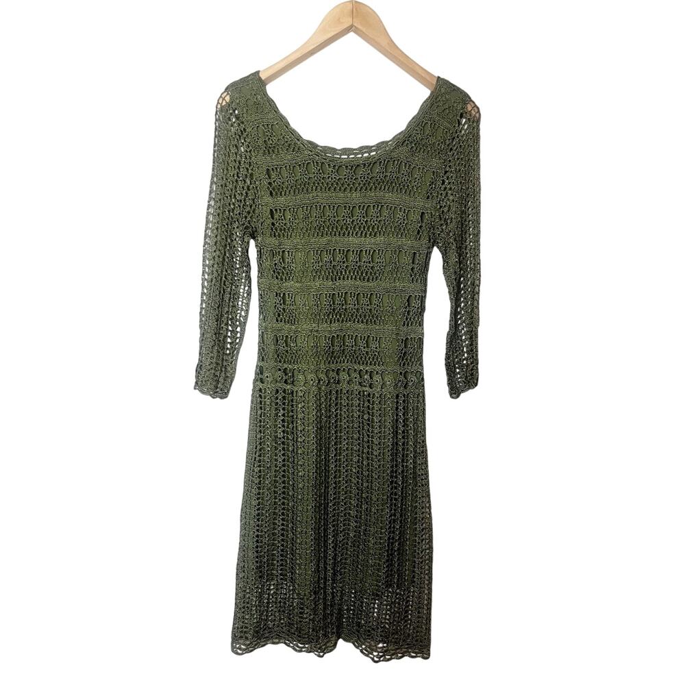 Vintage Kroshetta by Papillon Crochet Dress Lined Women’s Sz Small Green Boho
